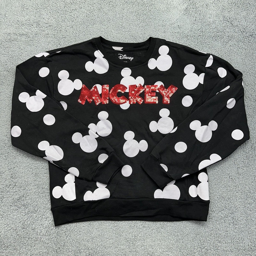 Disney Large (11-13) White Mickey Mouse Black Crewneck Sweatshirt w/ Red Sequin